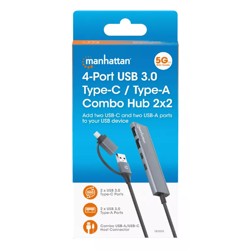 USB-C un USB-A kombinētais doks/cents Manhattan 4 porti 5 Gb/s alumīnija