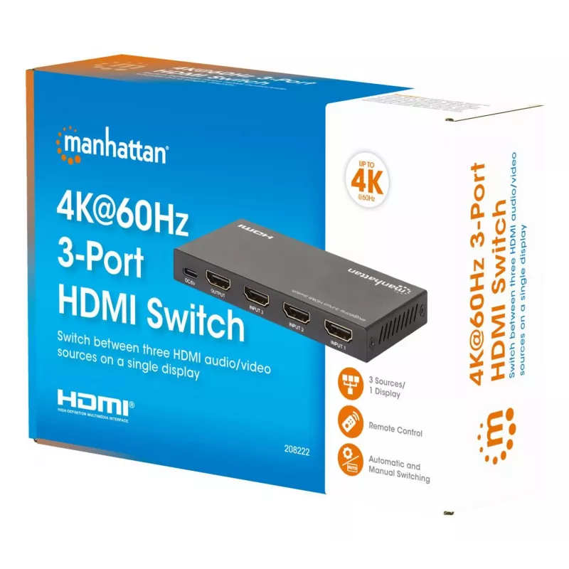 HDMI slēdzis 3x1 MANHATTAN 18G automātisks manuāls IR tālvadības pults melns