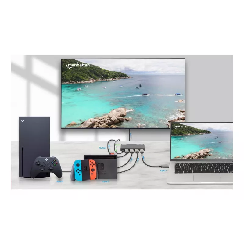 HDMI slēdzis 3x1 MANHATTAN 18G automātisks manuāls IR tālvadības pults melns