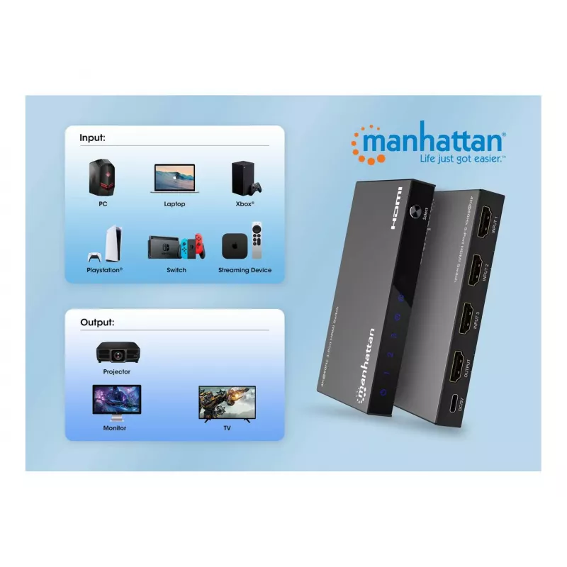HDMI slēdzis 3x1 MANHATTAN 18G automātisks manuāls IR tālvadības pults melns