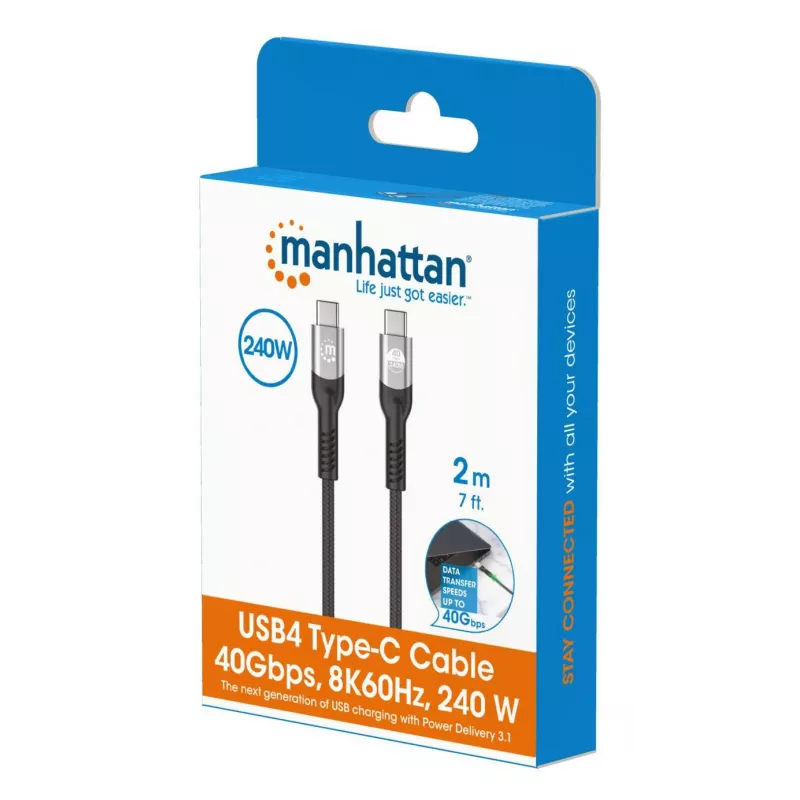 USB-C vīriešu uz USB-C vīriešu kabelis Manhattan 2m USB4 Gen 3x2 8K 60Hz