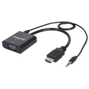 Manhattan HDMI uz VGA (ar audio) pārveidotāja kabelis, 1080p, 30 cm, vītne pret sievišķo, Micro-USB barošanas pieslēgvieta papildu strāvai, ja nepieciešams, melns, trīs gadu garantija