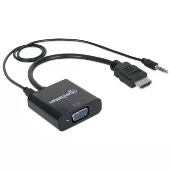 Manhattan HDMI uz VGA (ar audio) pārveidotāja kabelis, 1080p, 30 cm, vītne pret sievišķo, Micro-USB barošanas pieslēgvieta papildu strāvai, ja nepieciešams, melns, trīs gadu garantija