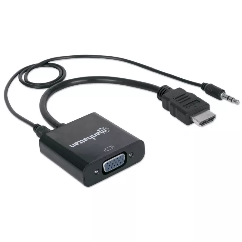 Manhattan HDMI uz VGA (ar audio) pārveidotāja kabelis, 1080p, 30 cm, vītne pret sievišķo, Micro-USB barošanas pieslēgvieta papildu strāvai, ja nepieciešams, melns, trīs gadu garantija