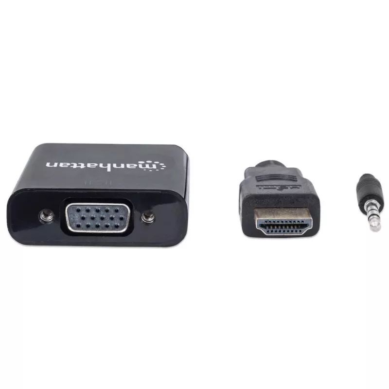 Manhattan HDMI uz VGA (ar audio) pārveidotāja kabelis, 1080p, 30 cm, vītne pret sievišķo, Micro-USB barošanas pieslēgvieta papildu strāvai, ja nepieciešams, melns, trīs gadu garantija