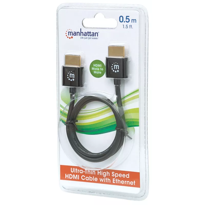 Manhattan HDMI kabelis ar Ethernet (īpaši plāns), 4K@60Hz (Premium High Speed), 0,5 m, vīrietis-vīr., melns, Ultra HD 4k x 2k, pilnībā ekranēts, zeltīti kontakti, mūža garantija