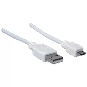 Manhattan USB-A uz Micro-USB kabelis, 1 m, vīrišķais–vīrišķais, balts, 480 Mb/s (USB 2.0), Hi-Speed USB, mūža garantija, ekvivalents USBPAUB1MW.