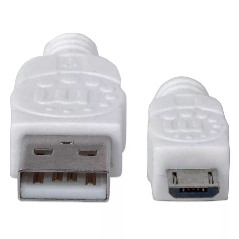 Manhattan USB-A uz Micro-USB kabelis, 1 m, vīrišķais–vīrišķais, balts, 480 Mb/s (USB 2.0), Hi-Speed USB, mūža garantija, ekvivalents USBPAUB1MW.