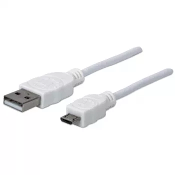 Manhattan USB-A uz Micro-USB kabelis, 1,8 m, vīrišķais uz vīrišķo, 480 Mbps (USB 2.0), Hi-Speed USB, balts, mūža garantija