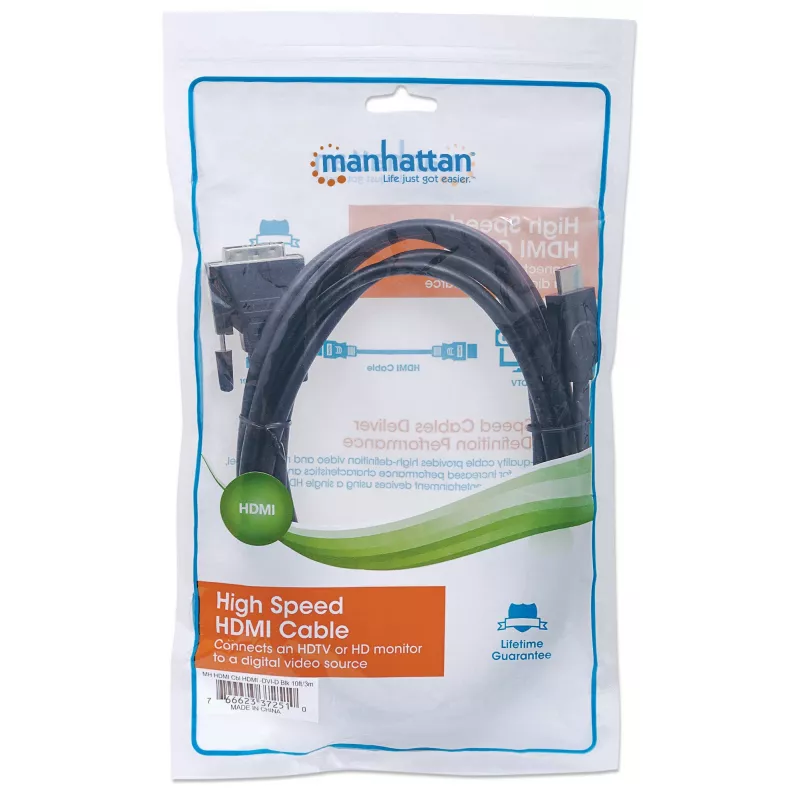 Manhattan HDMI uz DVI-D 24+1 kabelis, 3 m, vīrietis–vīrietis, melns, Dual Link, saderīgs ar DVD-D, mūža garantija, ekvivalents HDDVIMM3M