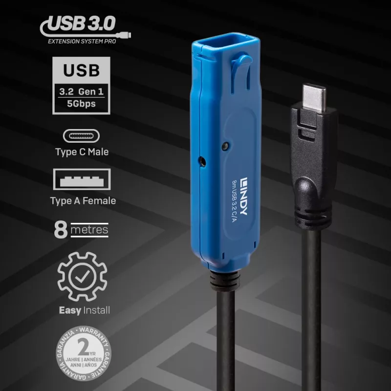 Lindy 43381 USB kabelis USB 3.2 Gen 1 (3.1 Gen 1) 8 m USB C USB A melns, zils