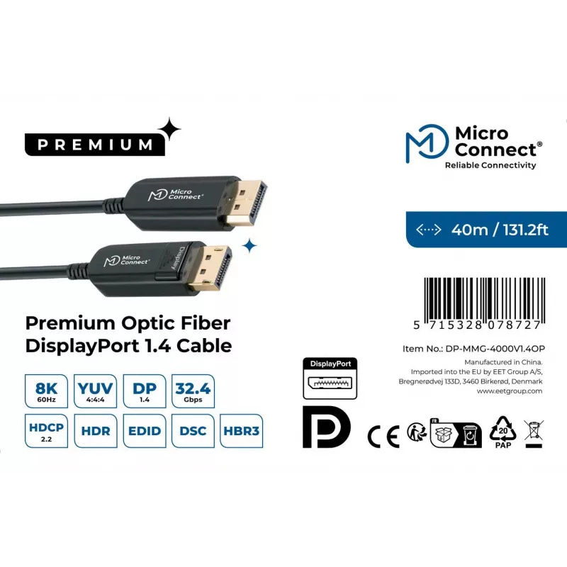 DisplayPort kabelis MicroConnect DP-MMG-4000V1.4OP — DisplayPort 1.4, atbalsta līdz 8K@60Hz