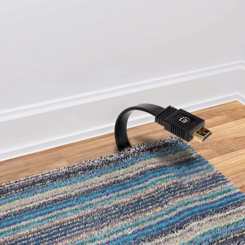Manhattan HDMI kabelis ar Ethernet (plakans), 4K@60Hz (Premium High Speed), 10m, vīrišķais pret vīrišķo, melns, Ultra HD 4k x 2k, pilnībā ekranēts, zeltīti kontakti, mūža garantija