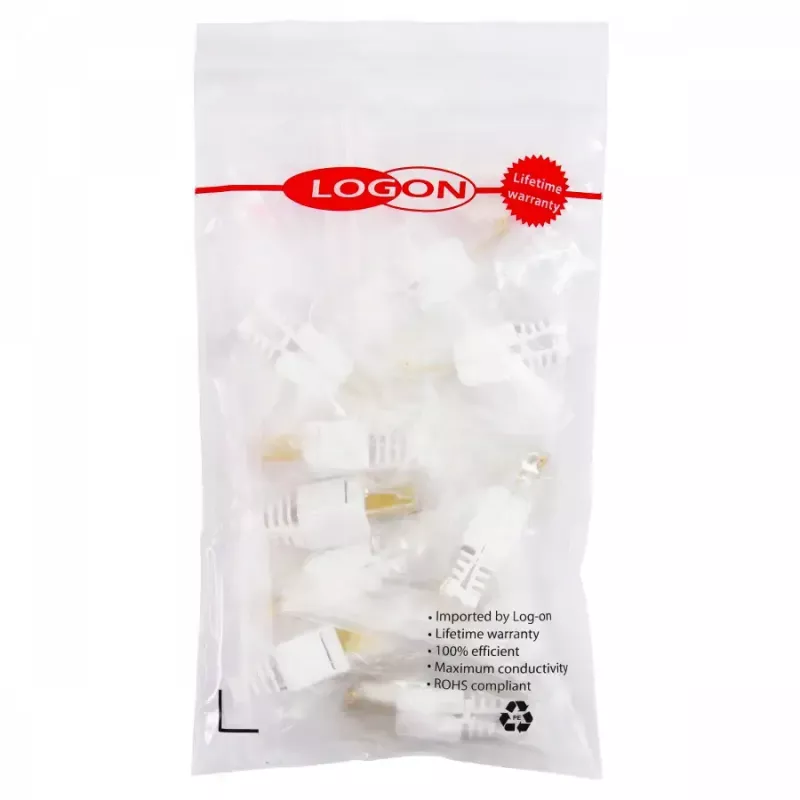 RJ-45 Cat5e vada savienotājs LOGON TWP8P8TP, caurspīdīgs/balts/dzeltens, 10 gab. iepakojumā