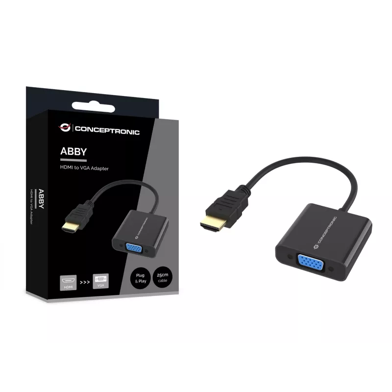 Conceptronic ABBY20B HDMI–VGA adapteris, 0,25 m, HDMI Type A (Standard), VGA (D-Sub), vīrišķais, sievišķais, taisns