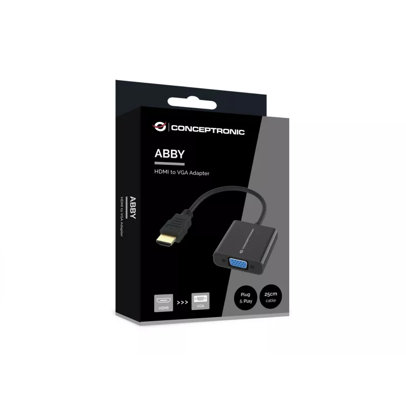 Conceptronic ABBY20B HDMI–VGA adapteris, 0,25 m, HDMI Type A (Standard), VGA (D-Sub), vīrišķais, sievišķais, taisns