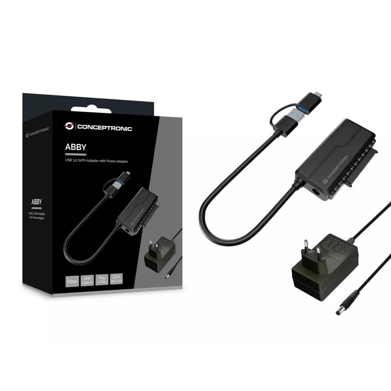 Conceptronic ABBY21B USB 3.0 SATA adapteris ar strāvas adapteri, 2,5 collu/3,5 collu SATA HDD/SSD, 2-in-1 USB C/A kabelis
