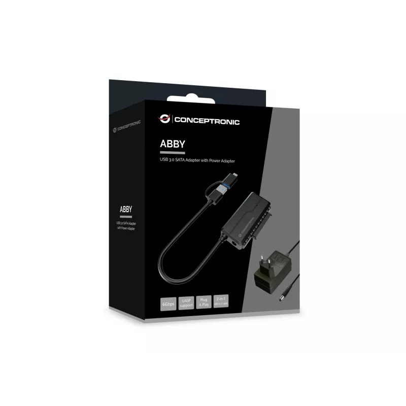 Conceptronic ABBY21B USB 3.0 SATA adapteris ar strāvas adapteri, 2,5 collu/3,5 collu SATA HDD/SSD, 2-in-1 USB C/A kabelis