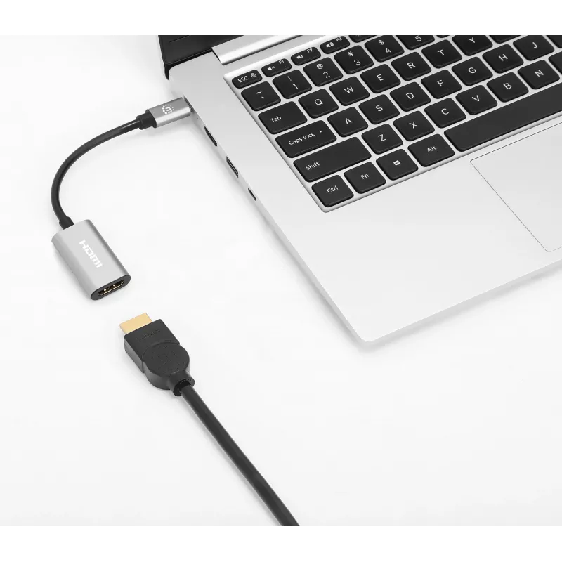 Manhattan USB-C uz HDMI kabelis, 4K@60Hz, 5 Gbps (USB 3.2 Gen1 aka USB 3.0), 11cm, vīrišķais pret vīrišķo, melns/sudrabains, trīs gadu garantija