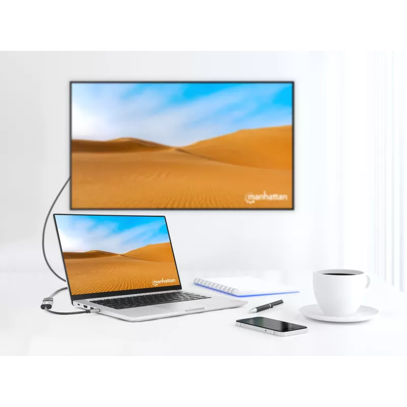 Manhattan USB-C uz HDMI kabelis, 4K@60Hz, 5 Gbps (USB 3.2 Gen1 aka USB 3.0), 11cm, vīrišķais pret vīrišķo, melns/sudrabains, trīs gadu garantija