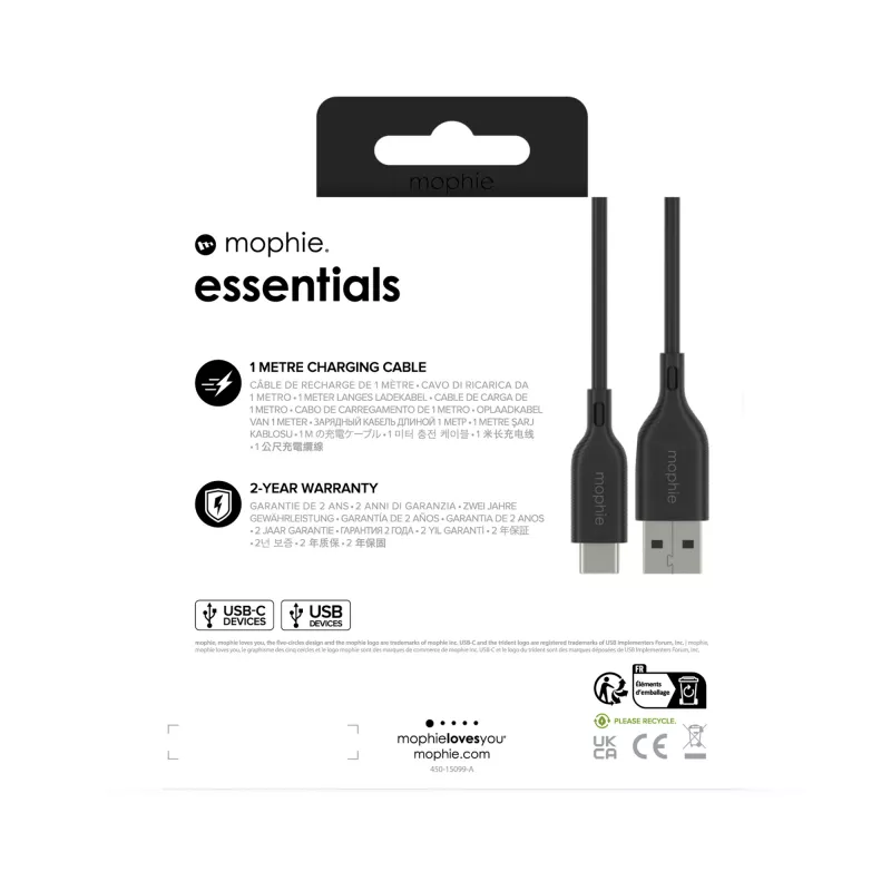 mophie essentials uzlādes kabeļi | 1M USB kabelis USB 2.0 USB A USB C Melns