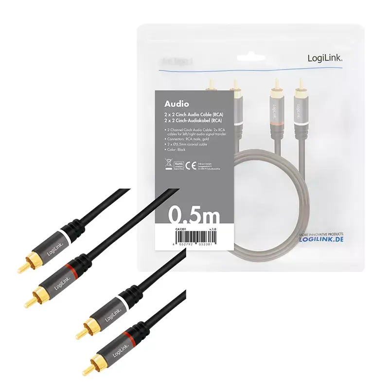 Audio kabelis LogiLink CA1201 0,5 m 2 x RCA melns
