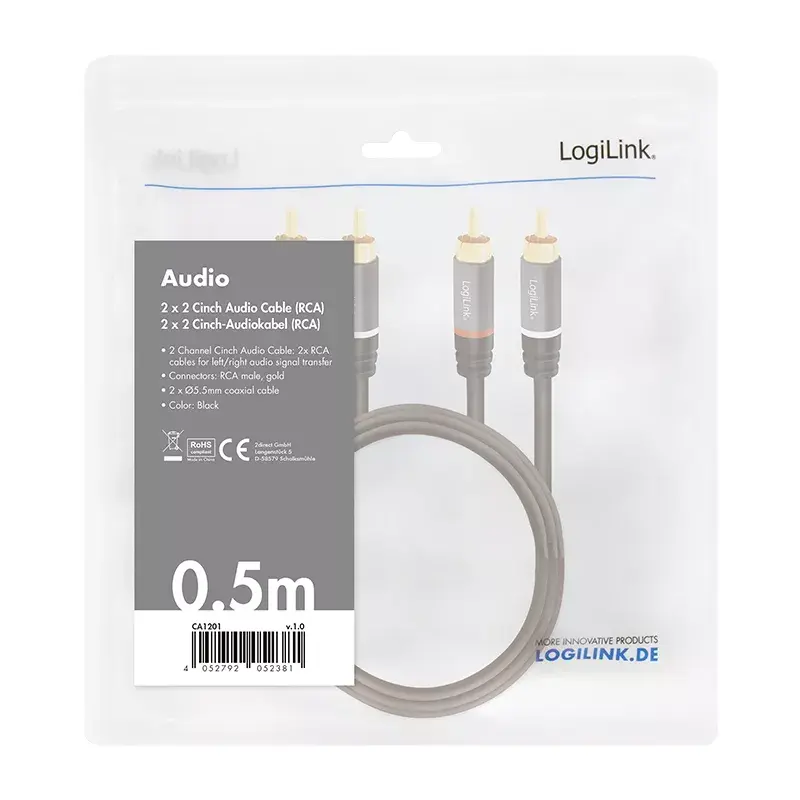 Audio kabelis LogiLink CA1201 0,5 m 2 x RCA melns