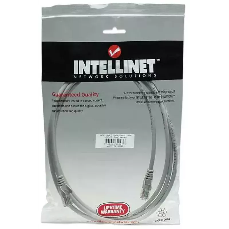 Intellinet tīkla komutācijas kabelis, Cat5e, 2m, pelēks, CCA, U/UTP, PVC, RJ45, zelta pārklājuma kontakti, bez aizķeršanās, ar uzmavu, mūža garantija