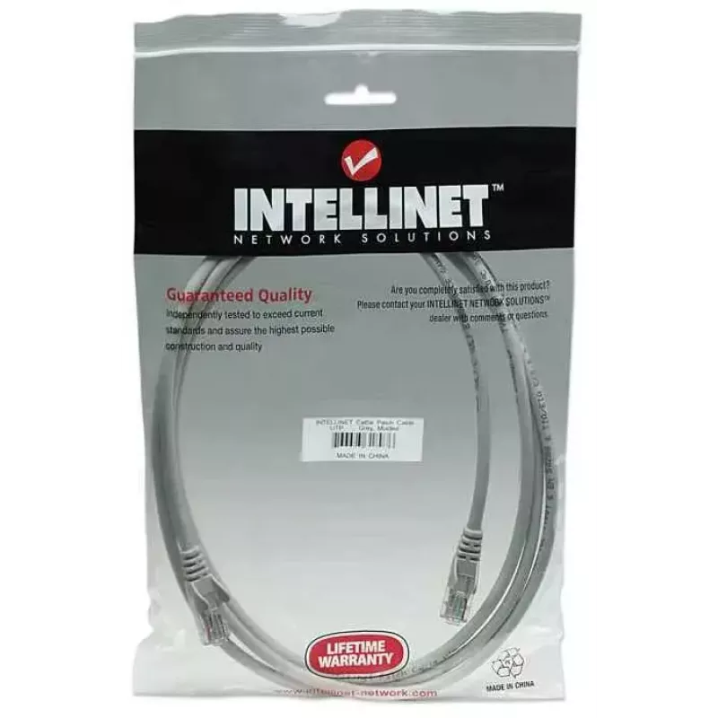 Intellinet tīkla komutācijas kabelis, Cat5e, 15m, pelēks, CCA, U/UTP, PVC, RJ45, apzeltīti kontakti, bez aizķeršanās, ar uzmavu, mūža garantija