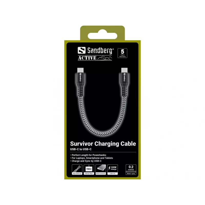 USB-C kabelis Sandberg Survivor 0.2M 100W Melns Balts