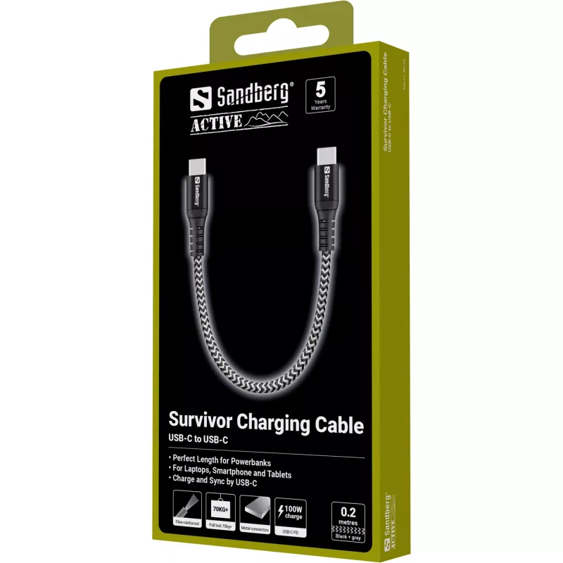 USB-C kabelis Sandberg Survivor 0.2M 100W Melns Balts