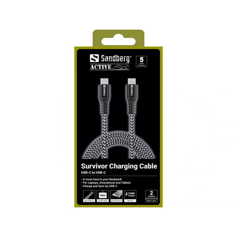 USB-C kabelis Sandberg Survivor 2M 100W melns balts