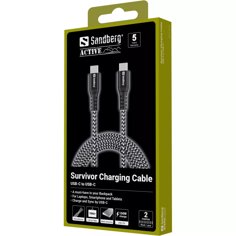 USB-C kabelis Sandberg Survivor 2M 100W melns balts