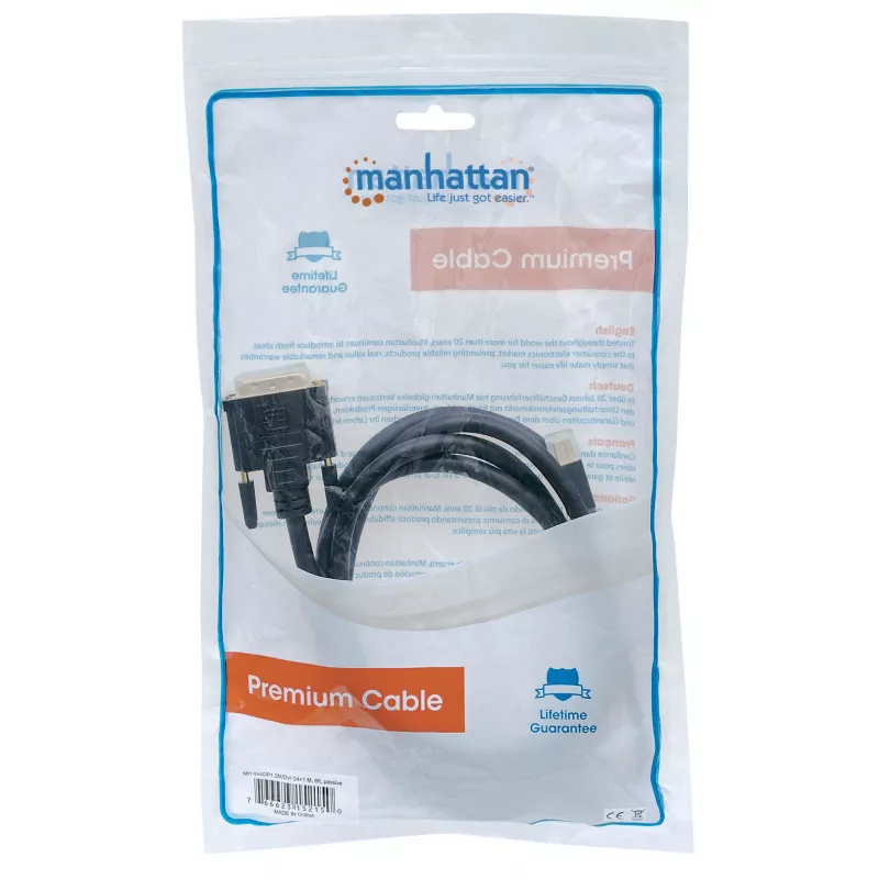 Manhattan Mini DisplayPort 1.2a uz DVI-D 24+1 kabelis, 1080p@60Hz, 1,8 m, vīrieša-vīrieša, saderīgs ar DVI-D, melns, mūža garantija