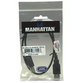 Manhattan USB-A–USB-B kabelis, 0,5 m, vīrišķais–vīrišķais, 480 Mb/s (USB 2.0), Hi-Speed USB, melns, mūža garantija, ekvivalents USB2HAB50CM