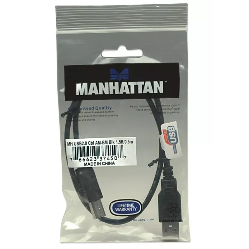 Manhattan USB-A–USB-B kabelis, 0,5 m, vīrišķais–vīrišķais, 480 Mb/s (USB 2.0), Hi-Speed USB, melns, mūža garantija, ekvivalents USB2HAB50CM