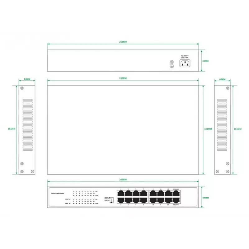 Nevadāms komutators Lanview LVN-1U-16PORT-1G 16 portu 1 Gbps Ethernet, statnes montāža 1U