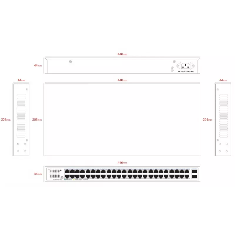 Lanview nevadāms slēdzis LVN-1UMOUNT-48PORT-2SFP-1G — 48x RJ45 1G pieslēgvietas, 2x SFP augšupsaites