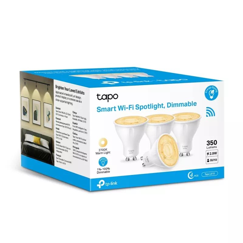 TP-Link Tapo Smart Wi-Fi Spotlight, Dimmable, 4-Pack, Smart bulb, Wi-Fi, balta, 802.11b, 802.11g, Wi-Fi 4 (802.11n), GU10, Parabolic bulb
