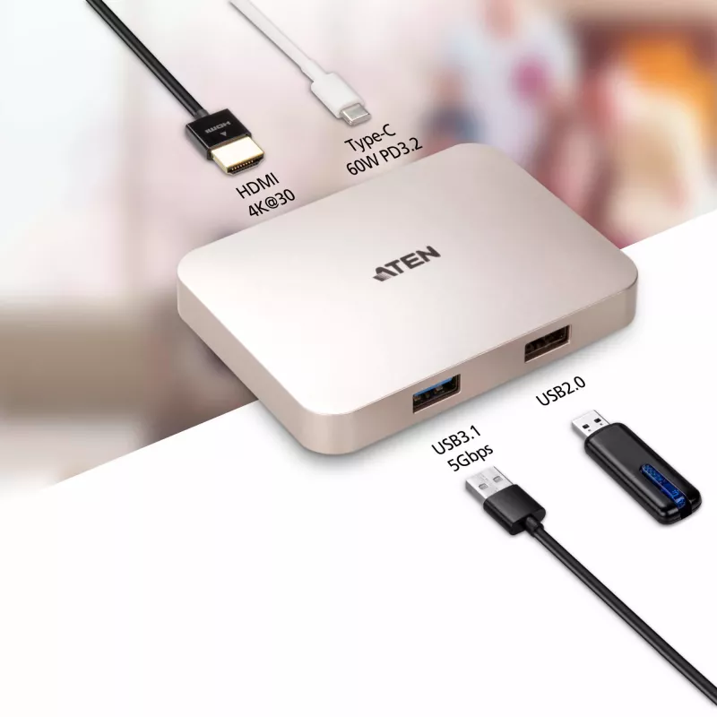 ATEN UH3235 USB-C 4K īpaši mazā dokstacija ar barošanas caurlaidi