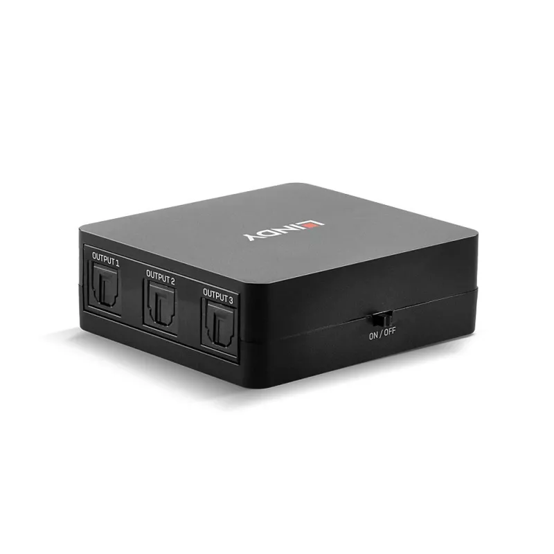 Lindy 3 pieslēgvietu optiskais (TosLink) audio sadalītājs, melns, 1x TosLink, 3x TosLink, vīrišķais, vīrišķais, CE, FCC, REACH
