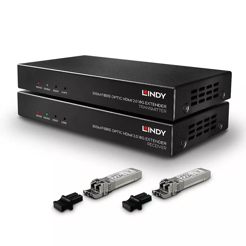 AV raidītājs un uztvērējs Lindy 300m šķiedras optikas HDMI 18G & IR pagarinātājs