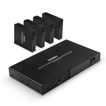 Lindy 70m Cat.6 4 Portu HDMI 4K60 Sadalītājs-Pagarinātājs, 3840 x 2160 pikseļi, AV raidītājs un uztvērējs, 70 m, vadu, melns, HDCP