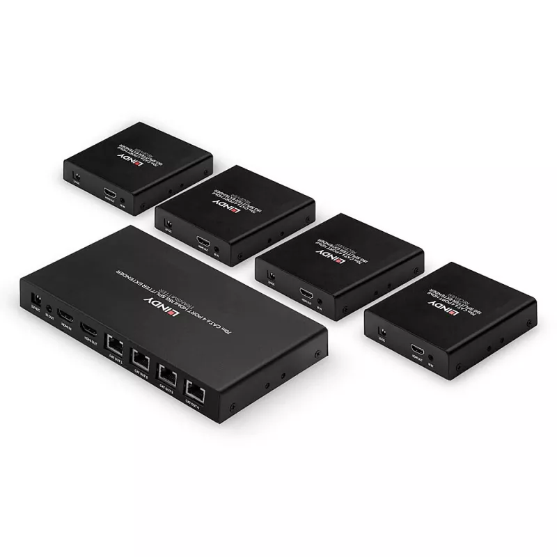 Lindy 70m Cat.6 4 Portu HDMI 4K60 Sadalītājs-Pagarinātājs, 3840 x 2160 pikseļi, AV raidītājs un uztvērējs, 70 m, vadu, melns, HDCP