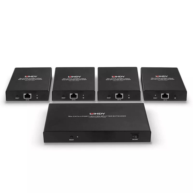 Lindy 70m Cat.6 4 Portu HDMI 4K60 Sadalītājs-Pagarinātājs, 3840 x 2160 pikseļi, AV raidītājs un uztvērējs, 70 m, vadu, melns, HDCP