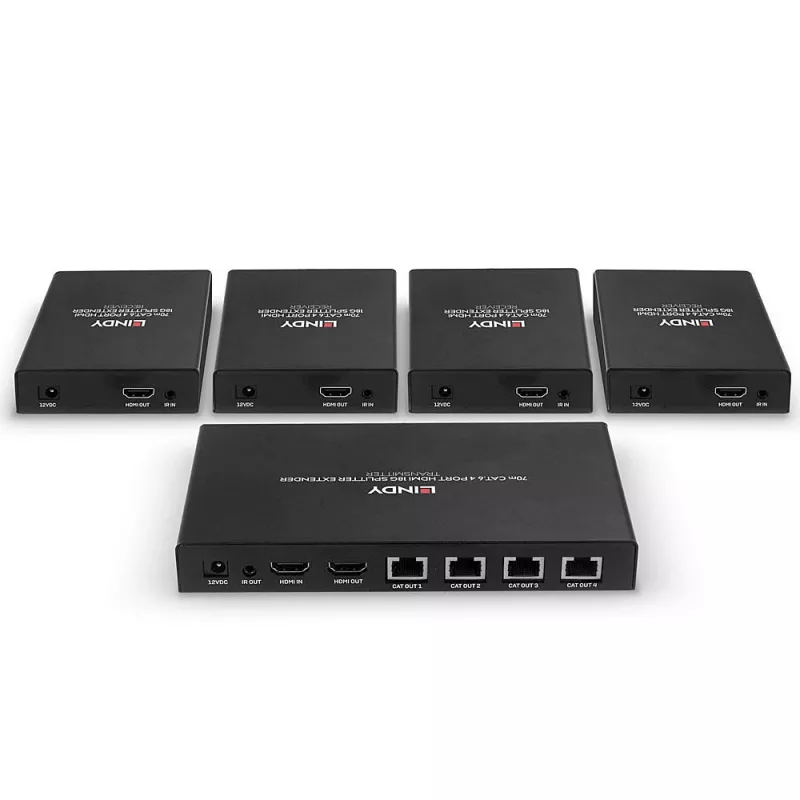 Lindy 70m Cat.6 4 Portu HDMI 4K60 Sadalītājs-Pagarinātājs, 3840 x 2160 pikseļi, AV raidītājs un uztvērējs, 70 m, vadu, melns, HDCP