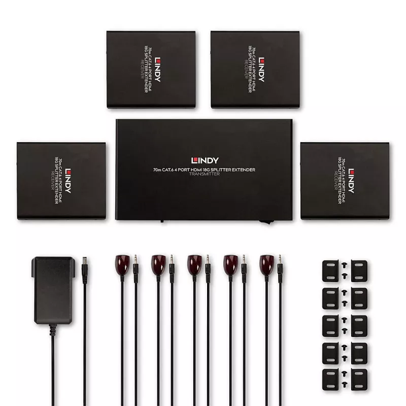Lindy 70m Cat.6 4 Portu HDMI 4K60 Sadalītājs-Pagarinātājs, 3840 x 2160 pikseļi, AV raidītājs un uztvērējs, 70 m, vadu, melns, HDCP