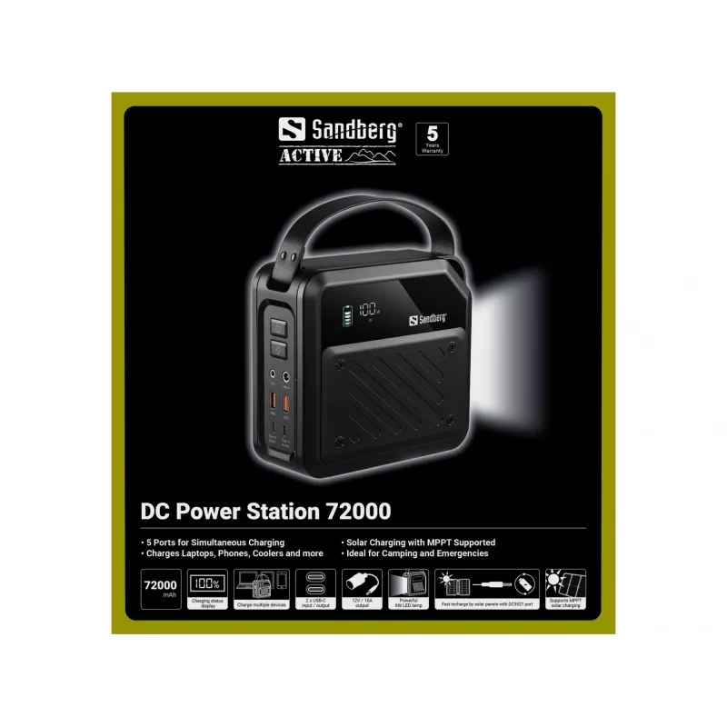 Portatīva līdzstrāvas elektrostacija SANDBERG Sandberg DC Power Station 72000 — LMFP 72 000 mAh, līdzstrāvas un USB-C ieeja, melna