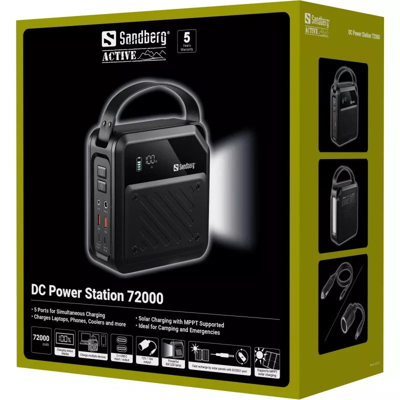 Portatīva līdzstrāvas elektrostacija SANDBERG Sandberg DC Power Station 72000 — LMFP 72 000 mAh, līdzstrāvas un USB-C ieeja, melna