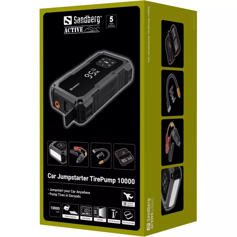 Pārnēsājams akumulatora iedarbinātājs un riepu sūknis SANDBERG Sandberg Car Jumpstarter TirePump 10000 — 800 A iedarbināšanas strāva, 2 A izeja, 5 V USB